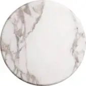 Calacatta golden vagli stone sample, polished white marble with grey and taupe veining, circular format displaying dynamic pattern.