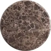 Emperador Dark Opaco stone tabletop, circular shape, dark brown and beige fractured veining, rough matte texture, organic pattern.