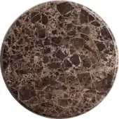 Emperador Dark stone tabletop, circular shape, polished surface with beige and brown variegated pattern, dense fissures and angular inclusions.