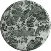 Green alps stone tabletop, circular shape, polished surface with dark green and gray swirling veins and white fissures.