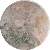 Iris Heaven stone tabletop, circular shape, pale pink, gray, and green swirling pattern with gold and white veins, polished surface.