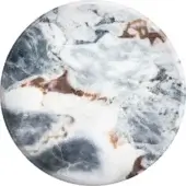 Ocean Storm stone surface, circular white marble with gray and blue swirling patterns, reddish-brown veins, polished finish.