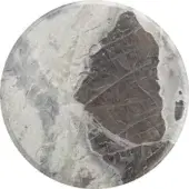 Stone serving tray, oyster white and gray, circular shape with mottled and striated patterns, polished surface, smooth rounded edges.