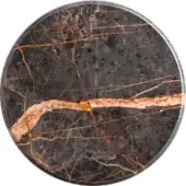 Port Laurent stone tabletop, dark gray and gold veined, circular shape with horizontal orange and pink band, polished surface.