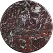 Red Levanto stone tabletop, circular shape, marbled pattern with burgundy, red, white, gray veins and polished glossy sheen.
