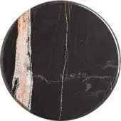 Marble tabletop, black with peach veining, circular shape, polished finish, studio product shot, borzalino sahara black opaco stone.