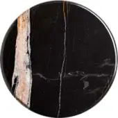 Black stone tabletop with white, cream, and gold veining, featuring a vertical peach and tan band, glossy finish, studio shot.