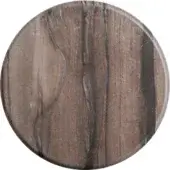 Stone serving board, sequoia brown, circular shape with mottled surface and rounded edges, matte finish, natural grain patterns.