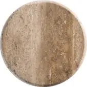 Travertine stone disc, beige and brown striped, circular shape with honed texture and porous surface against a white backdrop.