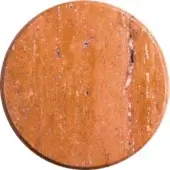 Yellow travertine stone disc with porous texture, displaying orange-yellow tones and off-white veining against a white backdrop.