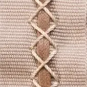 Decorative lacing pattern on beige woven fabric, featuring a vertical brown cord with intricately crossed lighter beige cords in a repeating design.