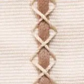 Fabric texture with beige and brown lacing, vertical braid pattern on ribbed off-white material, handcrafted detail, soft diffused lighting.