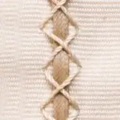 Decorative lacing detail on cream fabric; jute cord with woven text, fibrous texture, vertical ribbing, neutral matte tones, soft diffused lighting.