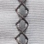 Gray fabric texture with dark gray crossed band stitching, a repeating vertical pattern on a woven canvas or linen blend.