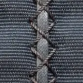 Gray wool fabric with vertical seam detailed by twisted brown cord, ribbed texture, and faint “borzalino” text.