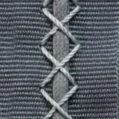 Gray ribbed fabric with vertical cord lacing, displaying a twisted texture and subtle printed text along the bottom edge in a monochromatic composition.