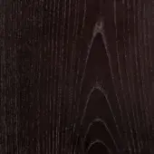 Brown oak wood sample displaying vertical grain and swirling patterns, with a polished, smooth texture and a dark, consistent tone.