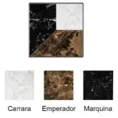 Marble tile composite of Carrara, Emperador, and Marquina stones in a square layout with individual labeled samples below against a white background.