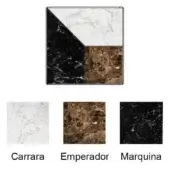Marble tile design with Carrara, Emperador, and Marquina sections in geometric arrangement, plus labeled square samples displaying each marble’s texture.