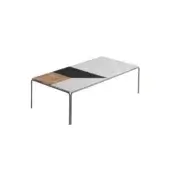 Coffee table, white marble and black marble, geometric tabletop with silver metal frame and cylindrical legs, minimalist design.