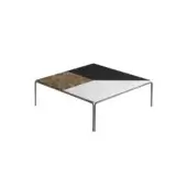 Coffee table, geometric pattern, black marble and silver metal frame, minimalist design, contrasting textures, square tabletop, modern style.