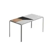 Side table, mixed materials, rectangular tabletop with marble, cork, and gray sections, silver metal rim and cylindrical legs.
