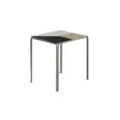 Side table, marble and metal, geometric tabletop with black, gray, beige, and tan quadrants, slender brushed metal legs, minimalist design.