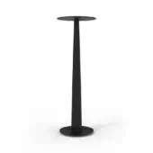 Black pedestal table with circular top and conical metal base, minimalist design, studio shot, white background, vertical form.