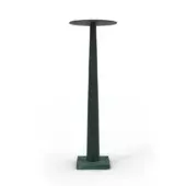 Cylindrical side table, dark green matte finish, square veined stone base, minimalist modern design, rectangular indentation detail.