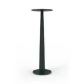 Emerald green cylindrical pedestal table with matte finish, circular top and base, connected by a tapering stem, dark rectangular detail.
