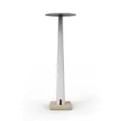 Side table, matte white finish, circular top, conical stem, travertine square base, visible grain, modern minimalist design.