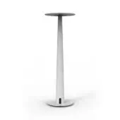 Pedestal table, white finish, circular top with gray rim, slender conical column, cable management slot, minimalist modern design.