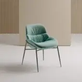 Elegant Bontempi Amelie chair with rounded silhouette upholstered in light greenish-blue textile and dark metal frame