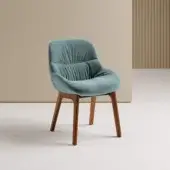 Distinguished Bontempi Amelie chair with softly upholstered back and seat in light blue, built with warm brown rounded spindle wood legs