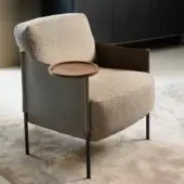 Distinguished Horm SC1 lounge chair with light beige textured upholstery and gray-toned leather-like frame crafted with Canaletto walnut accents