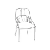 Modern chair with curved metal frame, upholstered square seat, and vertically lined, quilted backrest, shown in line drawing.