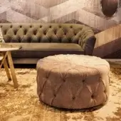 Distinguished Borzalino New Kap ottoman crafted in light brown textile with matte finish and meticulous handmade capitonné quilting