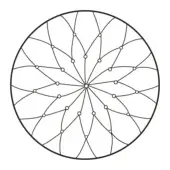 Round ottoman, white fabric, radial black line pattern with circular nodes, symmetrical geometric design, minimalist aesthetic.