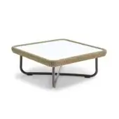 Elegant Varaschin Babylon coffee table with woven light brown fiber rope and matte-gray painted aluminum base