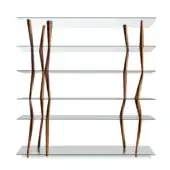 Bookcase “sendai b”, walnut wood and clear glass, features five twisting vertical supports and rectangular tempered shelves.