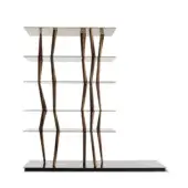 Glass shelving unit, walnut wood posts, twisted vertical supports, square base, modern design, labeled “sendai c” detail visible.