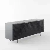 Mid-century dresser, light and dark gray, features six drawers with black handles and tapered black metal legs.