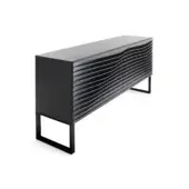 Black dresser, Tide Design, 12.60 inches wide, glossy finish, horizontal wave panels, rectangular metal legs, minimalist studio shot.