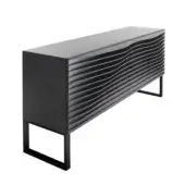 Black sideboard with wave-patterned front, glossy finish, and square metal legs; minimalist design, 12.60 inches wide, studio shot.