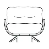 Lounge chair line drawing, dark frame, cushioned seat, curved armrests, angled legs, white background, Ayton model shown.