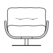 Lounge chair, metal frame, rectangular backrest, cushioned seat, swivel pedestal base, minimalist line drawing, modern design.