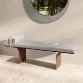 Meticulous Borzalino Minerva bench with light gray upholstery and lacquered muted brown curved metal blades