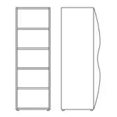 Shelving unit black and white line drawing, rectangular form with five horizontal shelves, curved front panel, minimalist design.