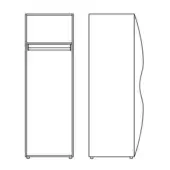 Storage cabinet line drawing, white background, rectangular form with curved side, single shelf, freestanding design, technical illustration.