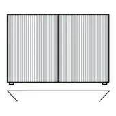 Rectangular cabinet, gray ribbed texture, black frame, two vertical doors with parallel lines, square feet, studio product shot.